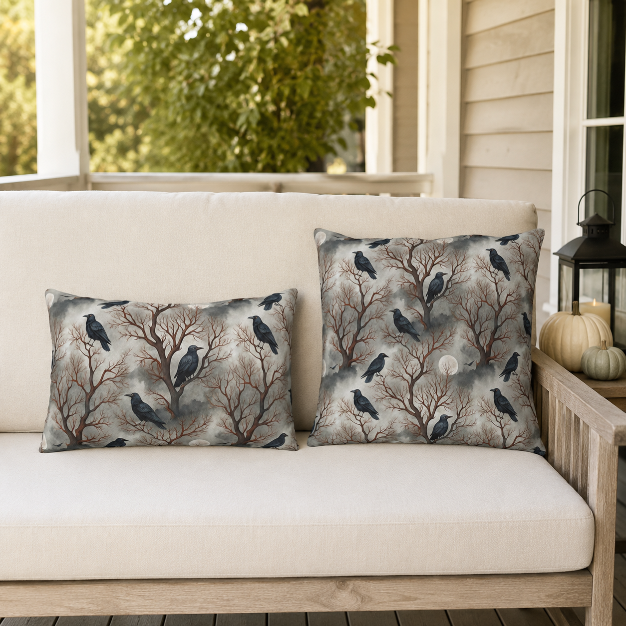 Ravens perched in bare rust branches with a full moon on misty grey outdoor lumbar pillow