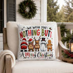 Funny Christmas outdoor pillow with Santa, bear, reindeer, snowman and gingerbread man seen from behind