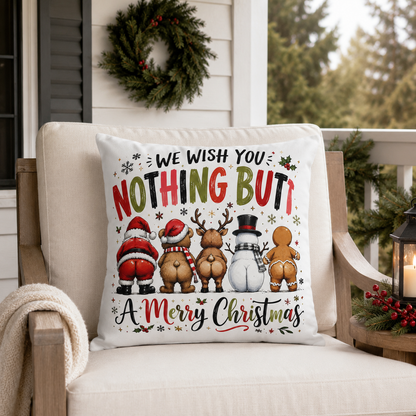 Funny Christmas outdoor pillow with Santa, bear, reindeer, snowman and gingerbread man seen from behind