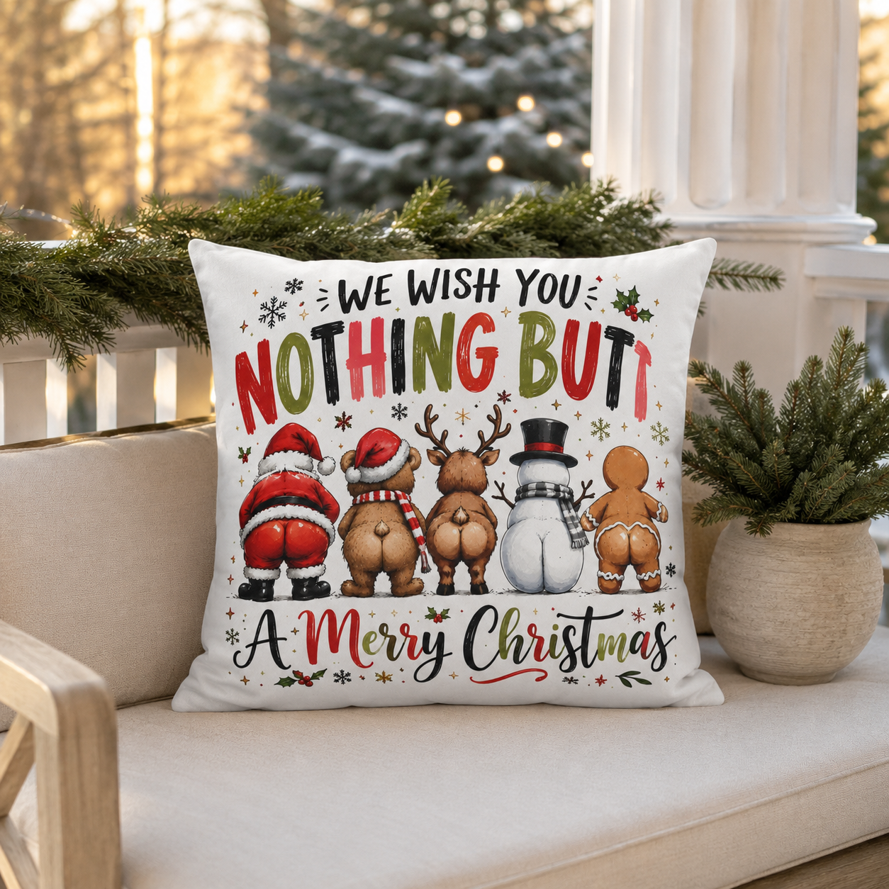 Funny Christmas outdoor pillow with Santa, bear, reindeer, snowman and gingerbread man seen from behind