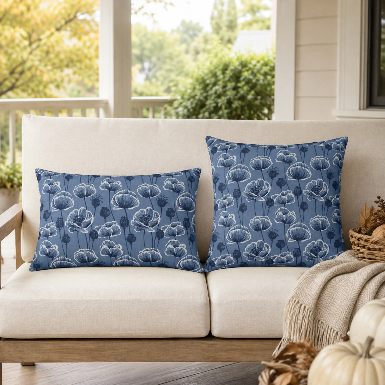 Navy and white poppies and seed heads on blue outdoor pillow