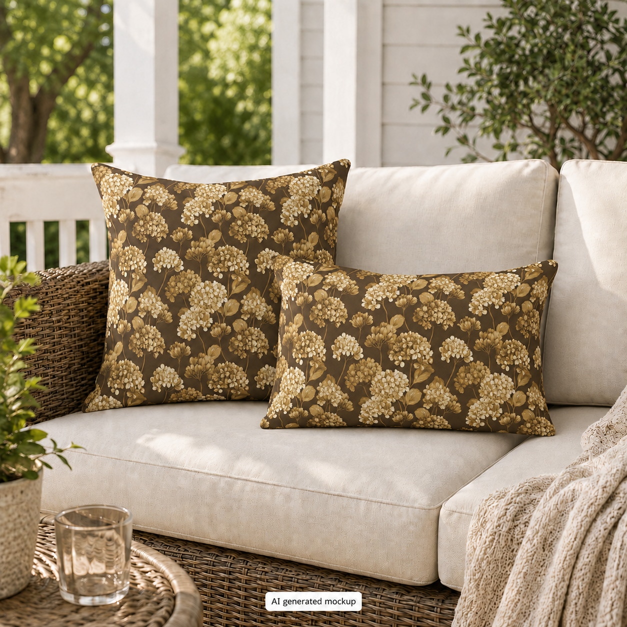Gold and cream hydrangeas on chocolate brown outdoor pillow