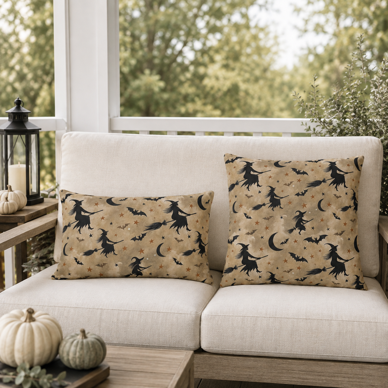 Black witch silhouettes on broomsticks with bats and crescent moons on tan outdoor pillow