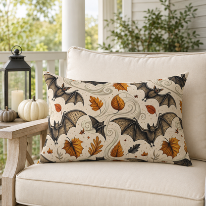 Large detailed bats and amber autumn leaves on cream outdoor lumbar pillow