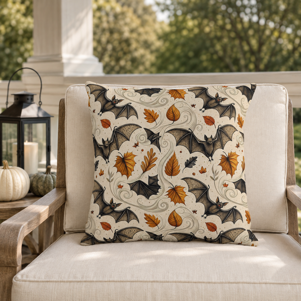 Large detailed bats and amber autumn leaves on cream outdoor pillow