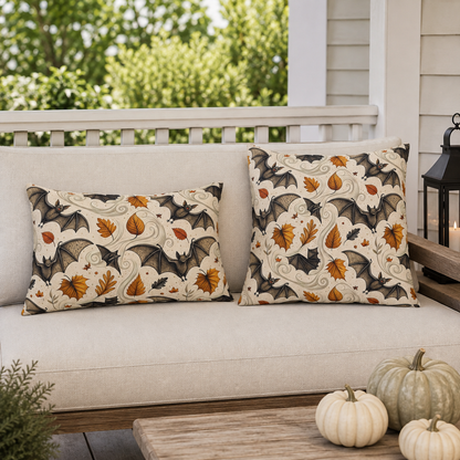 Large detailed bats and amber autumn leaves on cream outdoor pillow