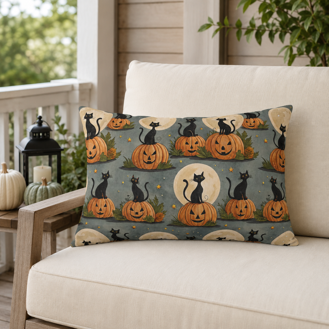 Black cats sitting on carved pumpkins under full moons on sage grey outdoor lumbar pillow