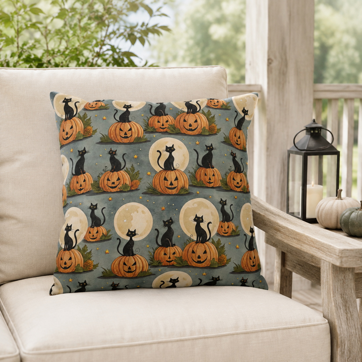 Black cats sitting on carved pumpkins under full moons on sage grey outdoor pillow