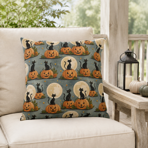 Black cats sitting on carved pumpkins under full moons on sage grey outdoor pillow