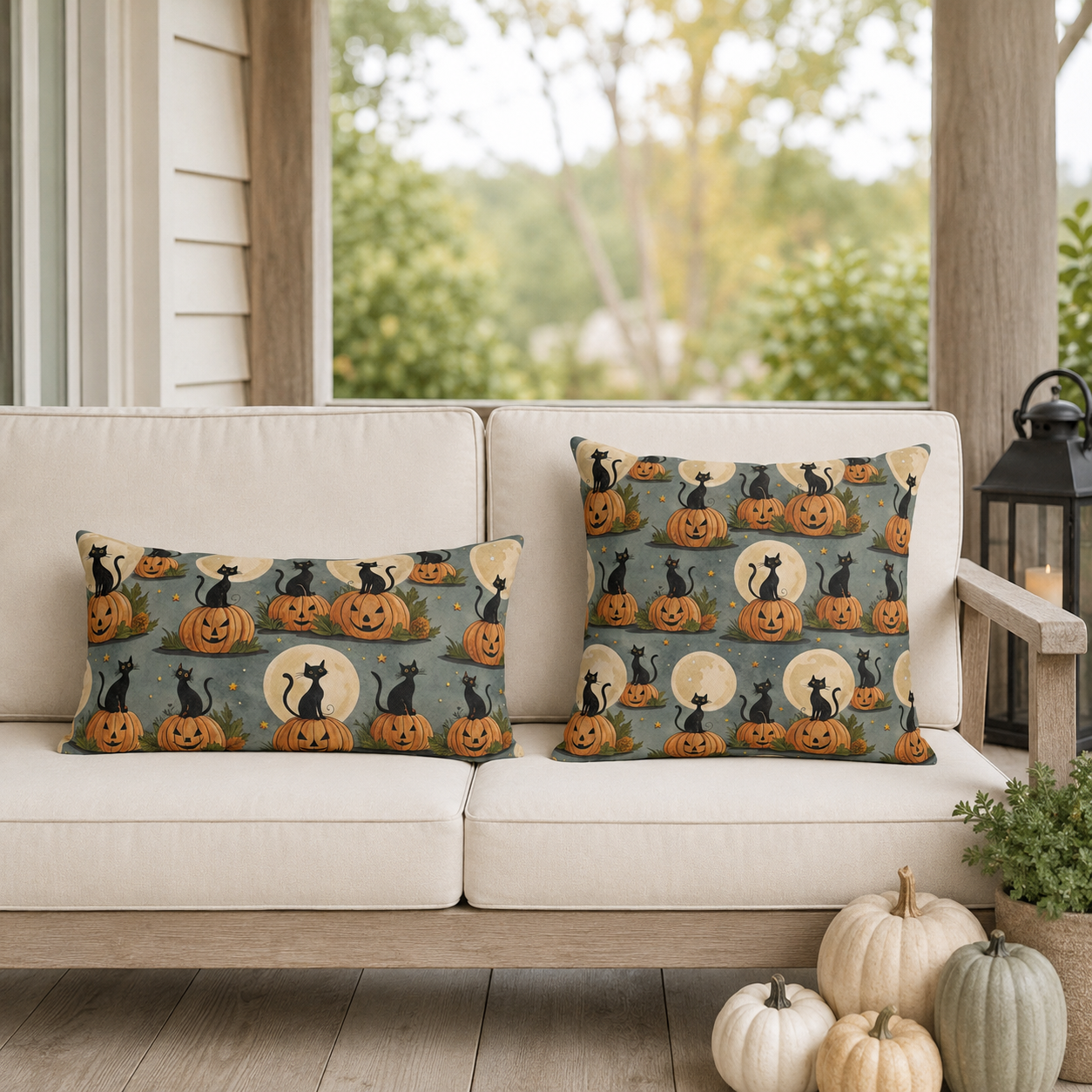 Black cats sitting on carved pumpkins under full moons on sage grey outdoor pillow