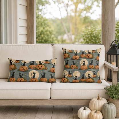 Black cats sitting on carved pumpkins under full moons on sage grey outdoor lumbar pillow