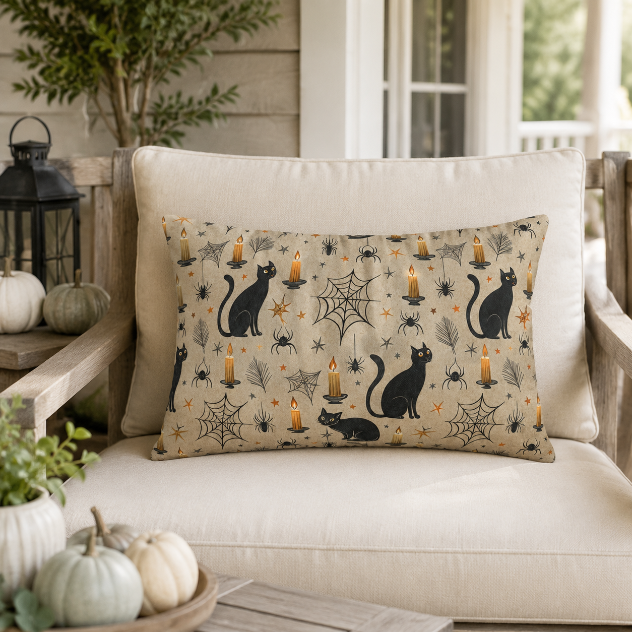 Black cats, lit candles and spiderwebs on oatmeal cream outdoor lumbar pillow