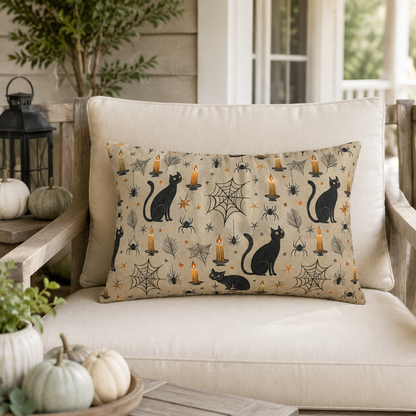 Black cats, lit candles and spiderwebs on oatmeal cream outdoor lumbar pillow