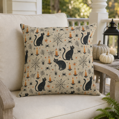 Black cats, lit candles and spiderwebs on oatmeal cream outdoor pillow
