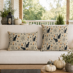 Black cats, lit candles and spiderwebs on oatmeal cream outdoor lumbar pillow