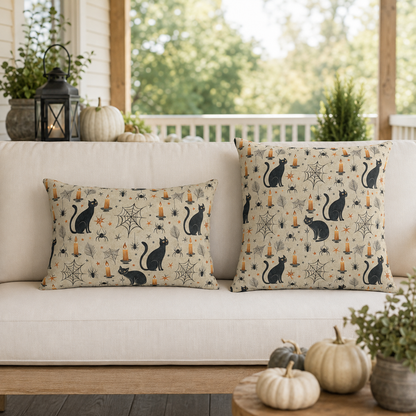 Black cats, lit candles and spiderwebs on oatmeal cream outdoor lumbar pillow