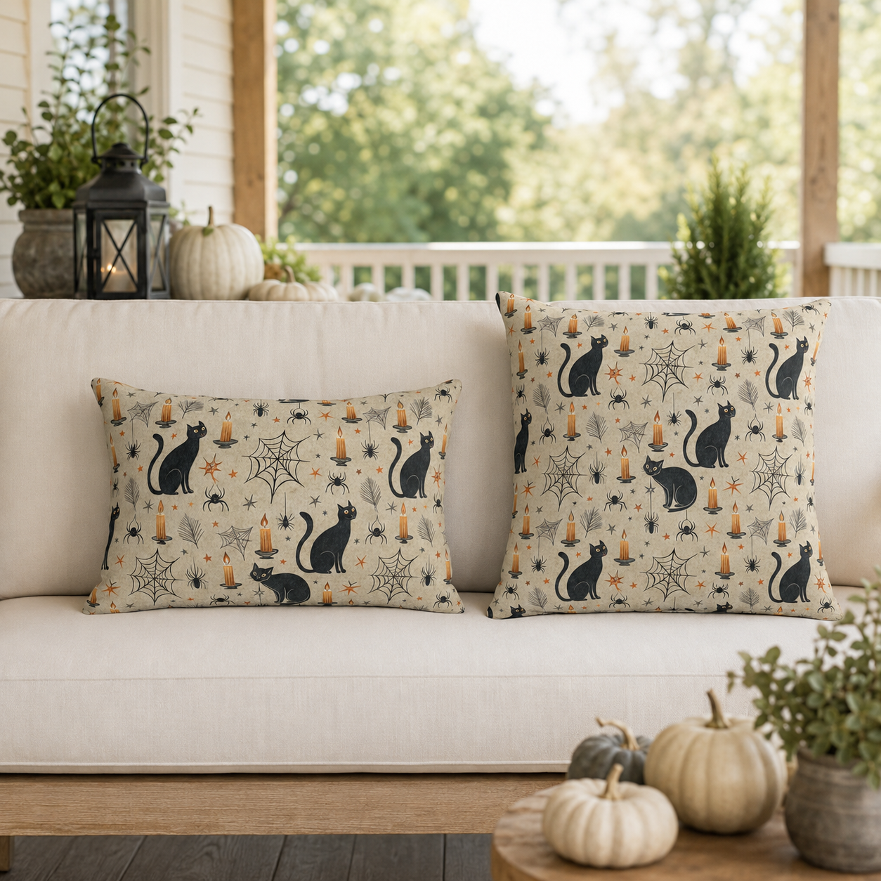Black cats, lit candles and spiderwebs on oatmeal cream outdoor pillow
