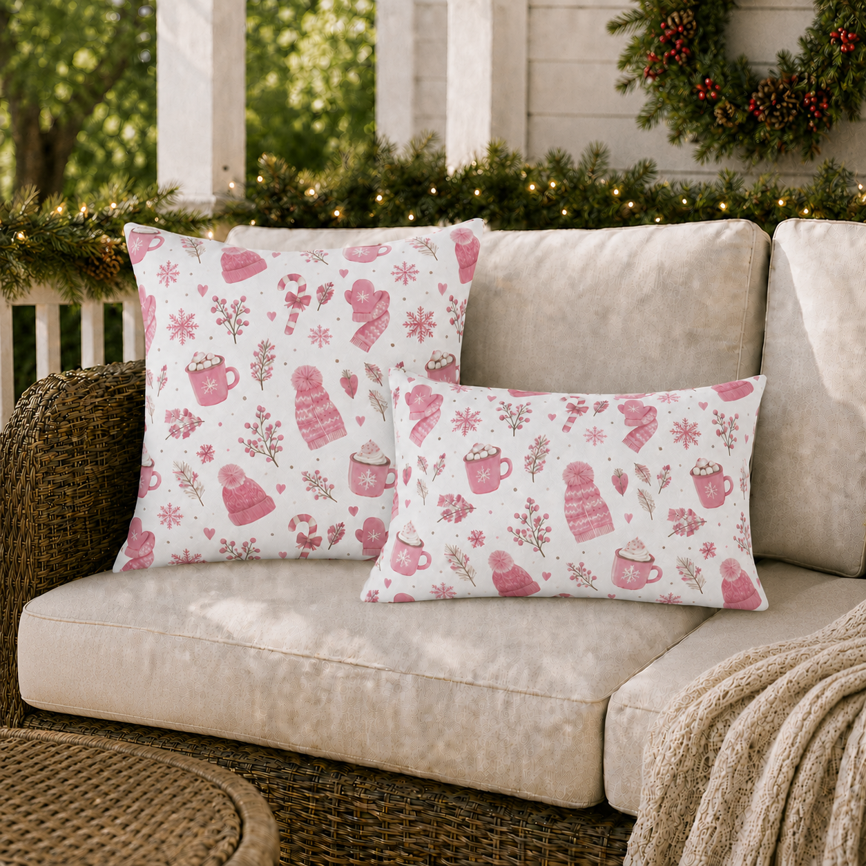 Pink beanies, mittens, cocoa mugs and snowflakes on white outdoor pillow