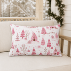 Pink cottages, fir trees and snowdrifts on white outdoor lumbar pillow