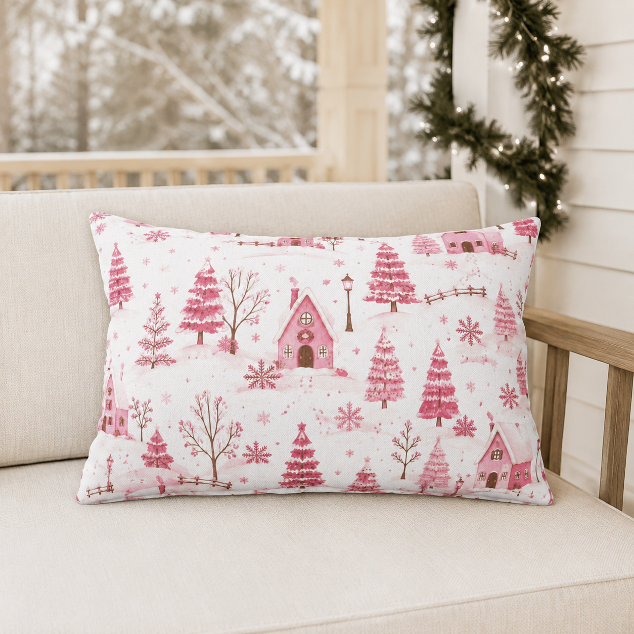 Pink cottages, fir trees and snowdrifts on white outdoor lumbar pillow
