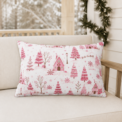 Pink cottages, fir trees and snowdrifts on white outdoor lumbar pillow