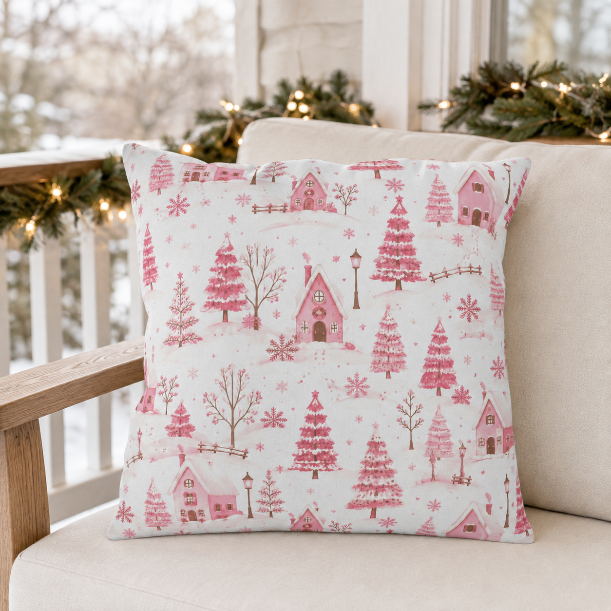 Pink cottages, fir trees and snowdrifts on white outdoor pillow