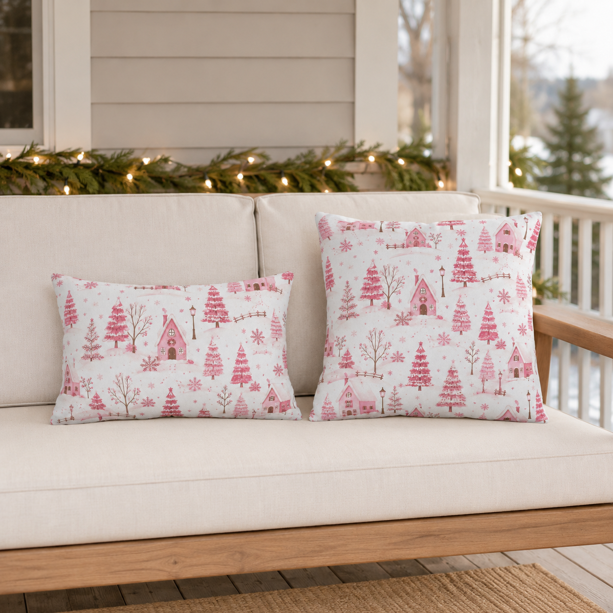 Pink cottages, fir trees and snowdrifts on white outdoor pillow