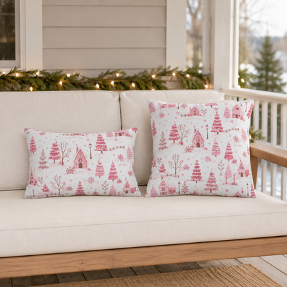 Pink cottages, fir trees and snowdrifts on white outdoor pillow