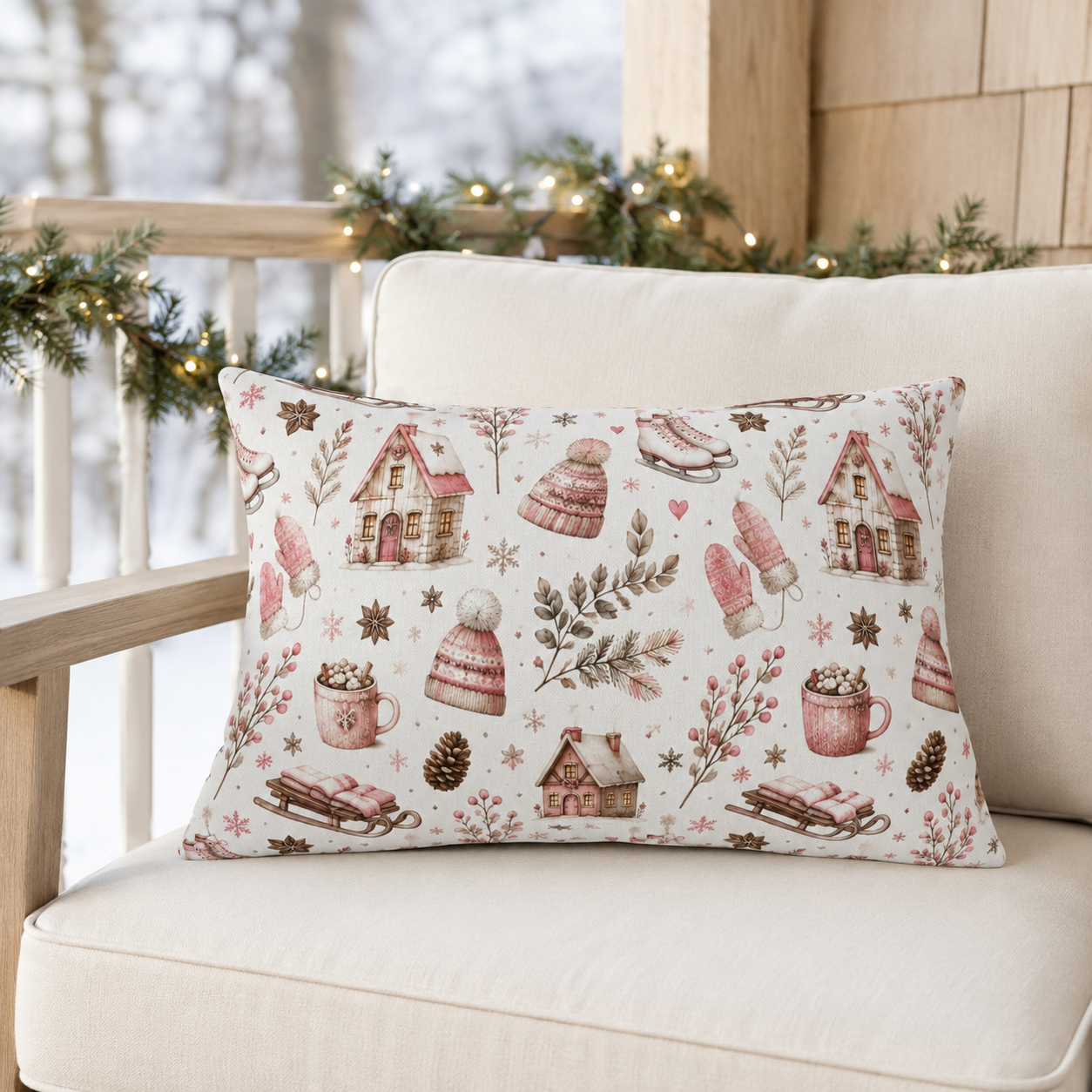 Pink cottages, wooden sleds, ice skates and bobble hats on cream outdoor lumbar pillow