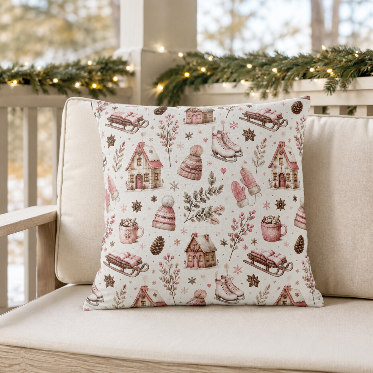 Pink cottages, wooden sleds, ice skates and bobble hats on cream outdoor pillow