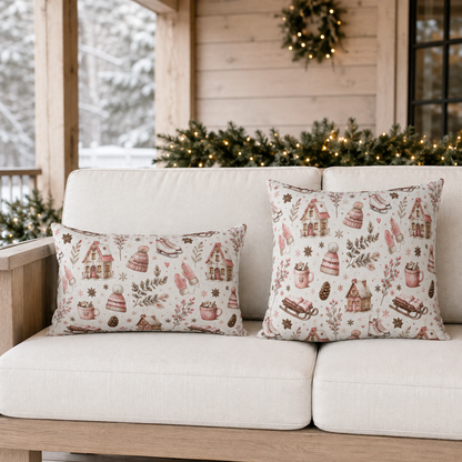 Pink cottages, wooden sleds, ice skates and bobble hats on cream outdoor pillow