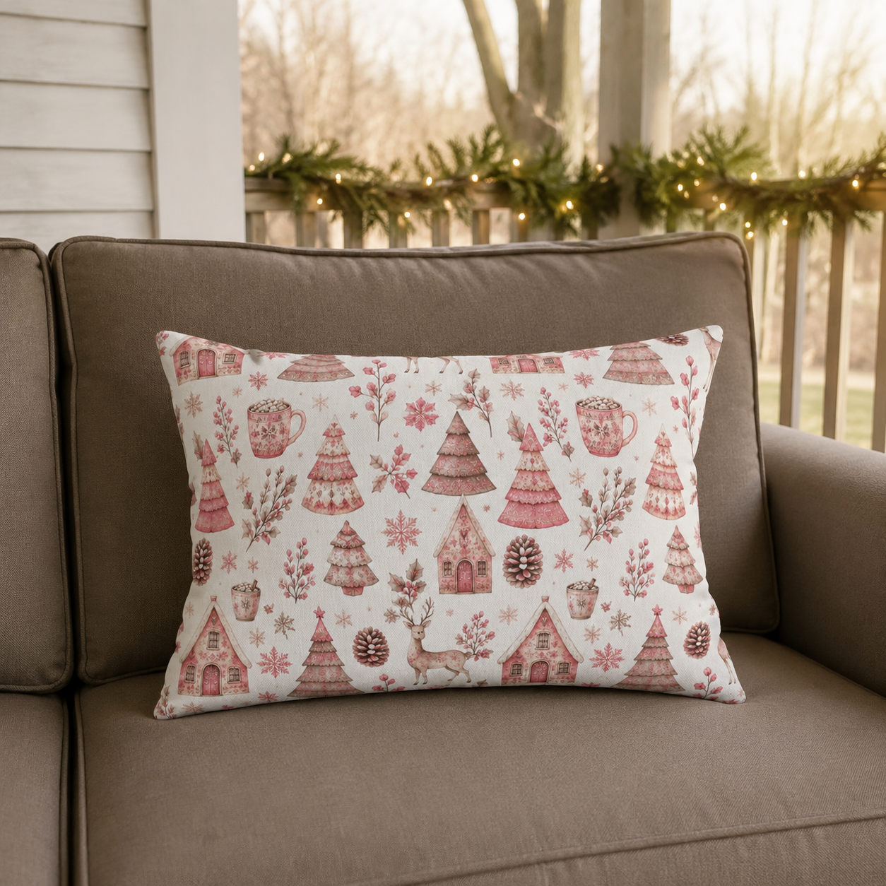Pink patterned Christmas trees, deer, gingerbread houses and cocoa mugs on cream outdoor lumbar pillow