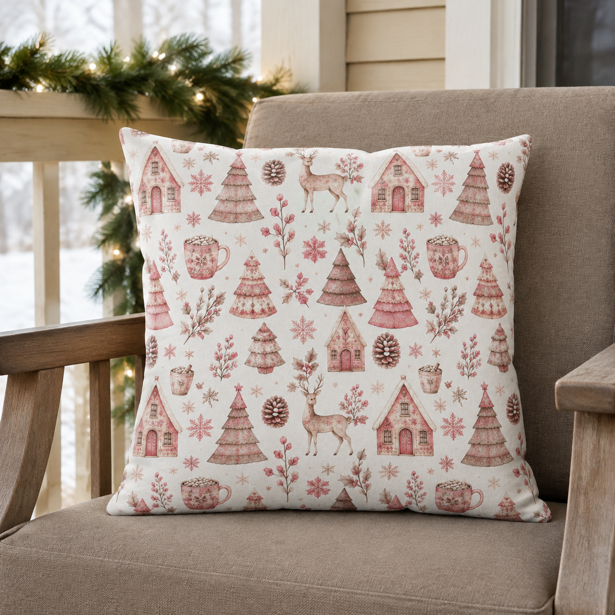 Pink patterned Christmas trees, deer, gingerbread houses and cocoa mugs on cream outdoor pillow