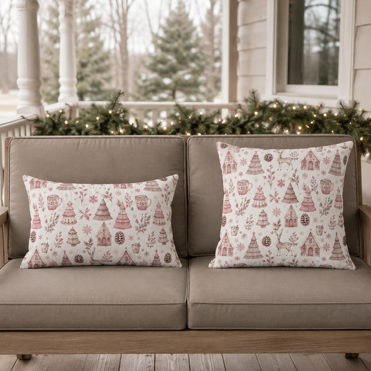 Pink patterned Christmas trees, deer, gingerbread houses and cocoa mugs on cream outdoor pillow