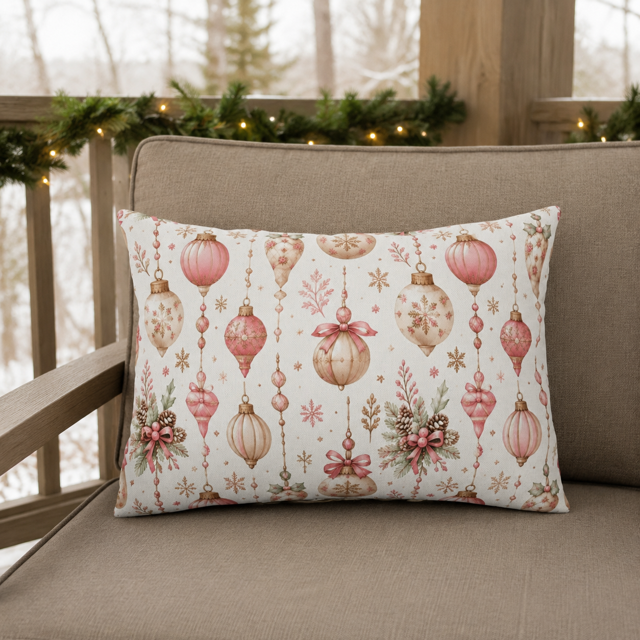 Pink and gold vintage Christmas baubles with bows and holly on white outdoor lumbar pillow