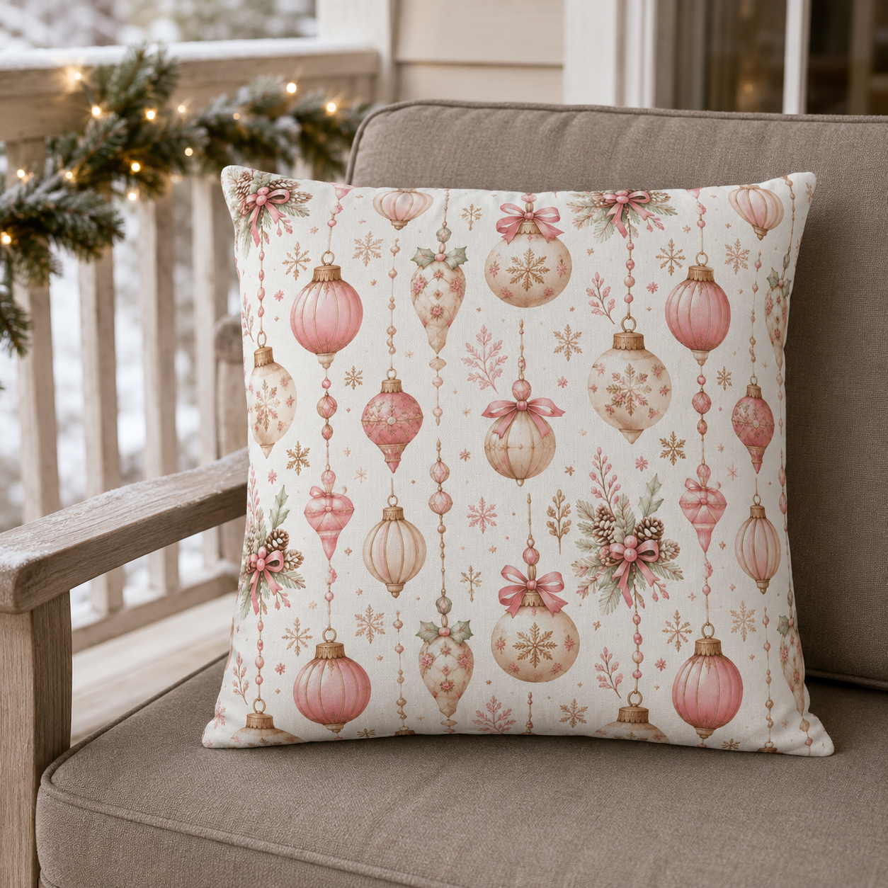 Pink and gold vintage Christmas baubles with bows and holly on white outdoor pillow