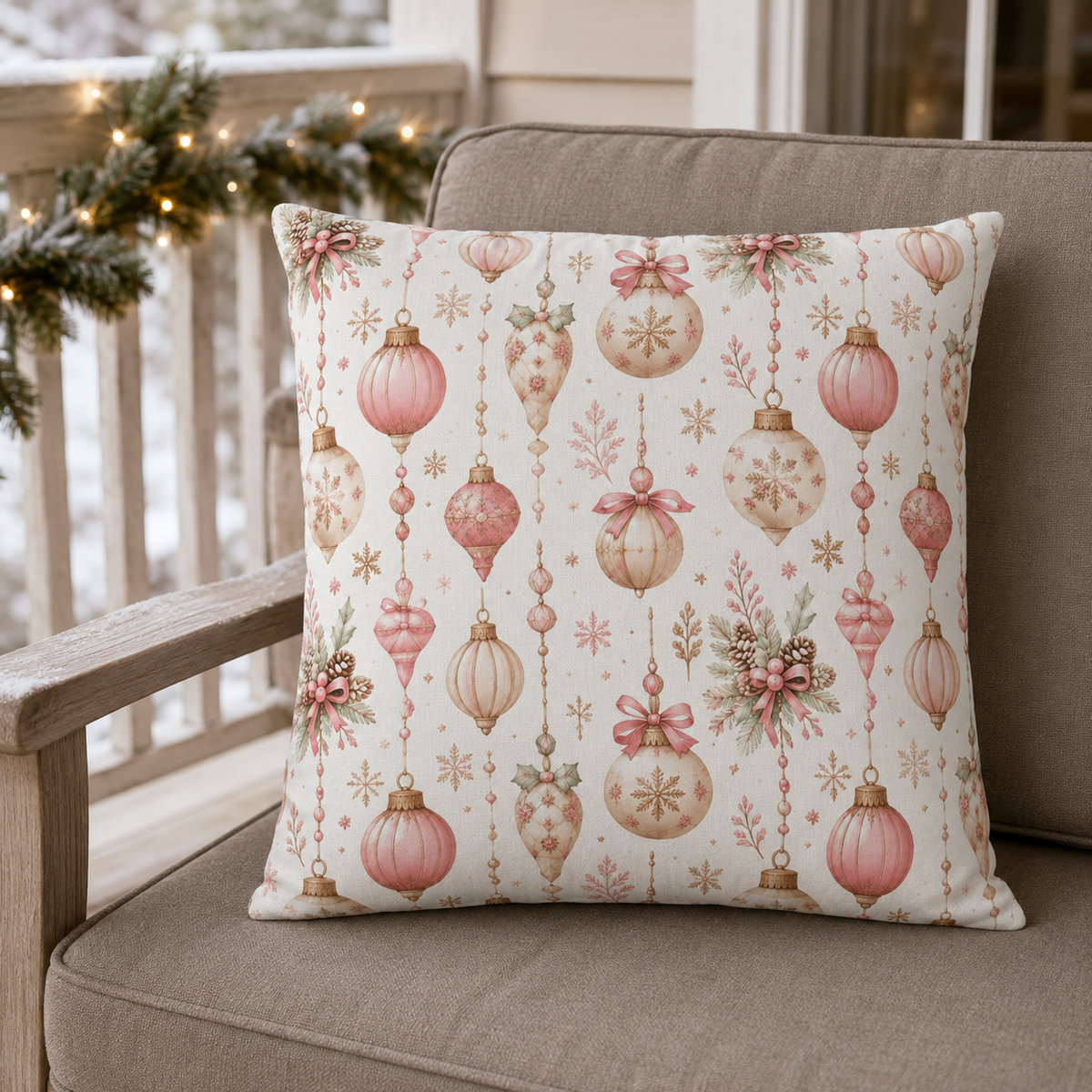 Pink and gold vintage Christmas baubles with bows and holly on white outdoor pillow