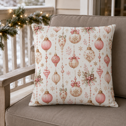 Pink and gold vintage Christmas baubles with bows and holly on white outdoor pillow