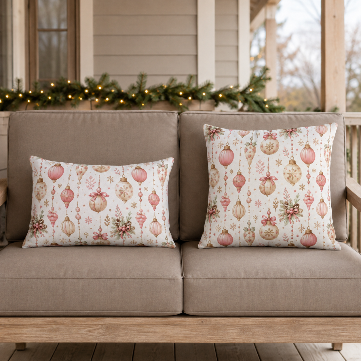 Pink and gold vintage Christmas baubles with bows and holly on white outdoor pillow