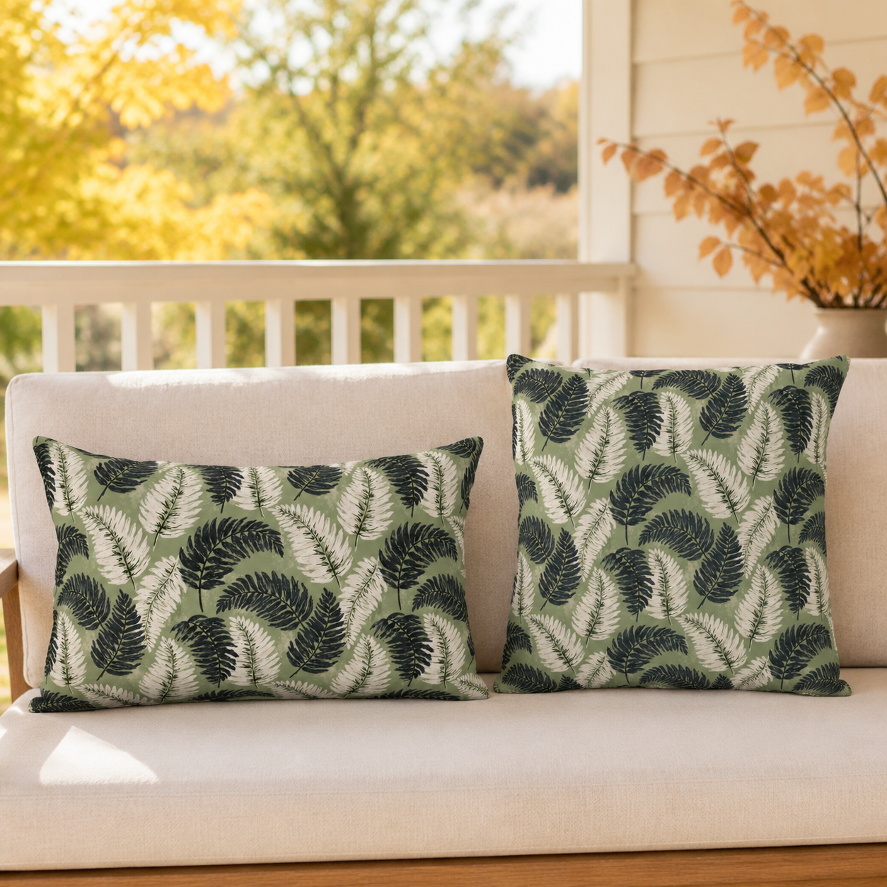 Navy and cream fern fronds on sage green outdoor lumbar pillow