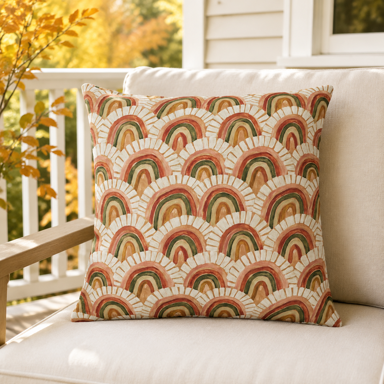 Retro terracotta, rust and olive arch pattern outdoor pillow