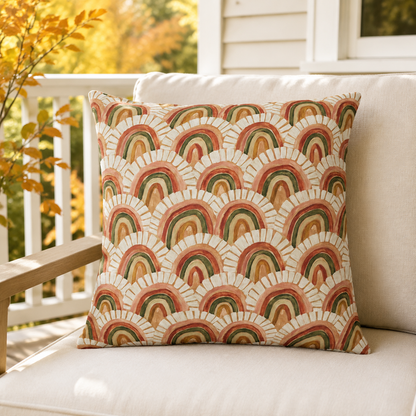 Retro terracotta, rust and olive arch pattern outdoor pillow