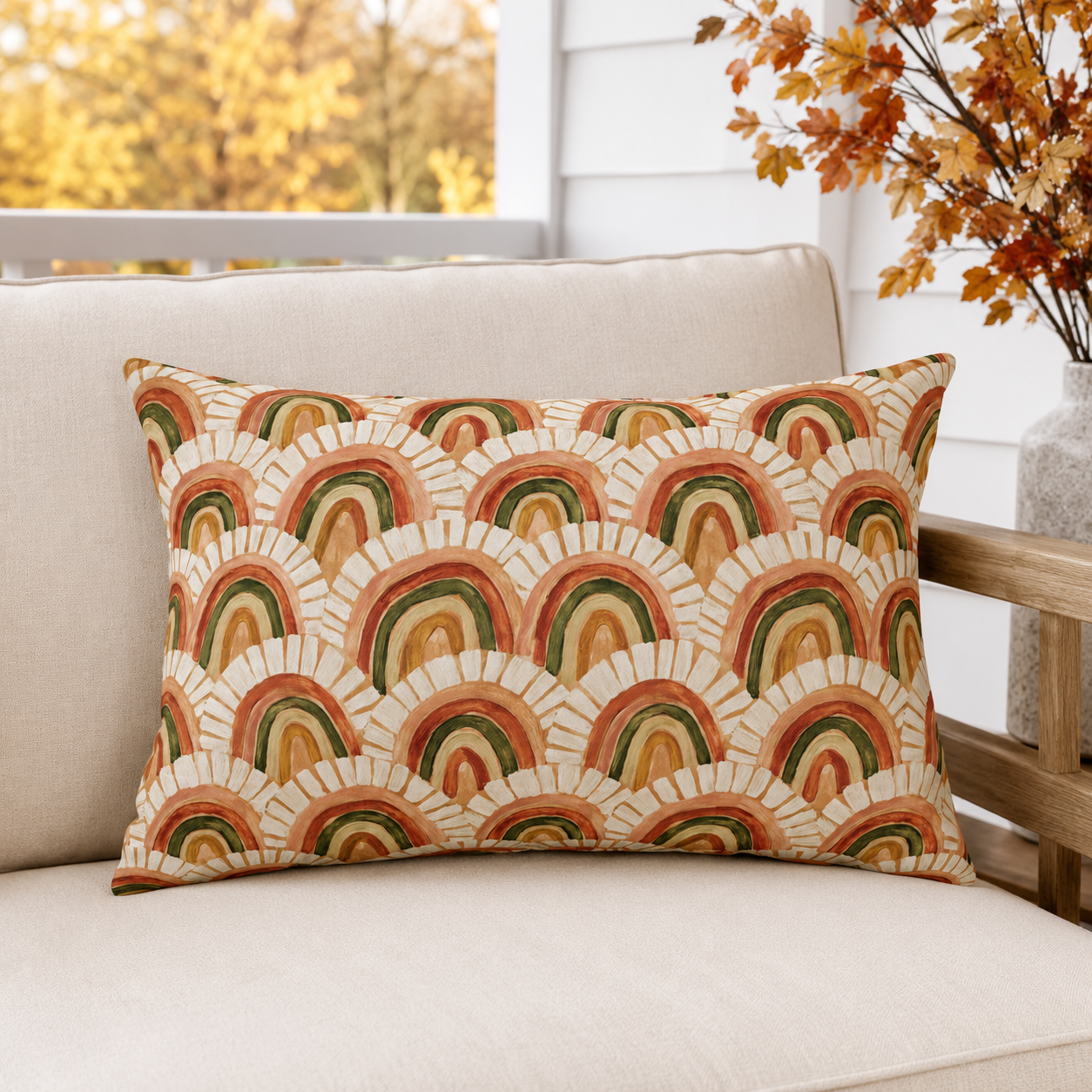 Retro terracotta, rust and olive arch pattern outdoor lumbar pillow