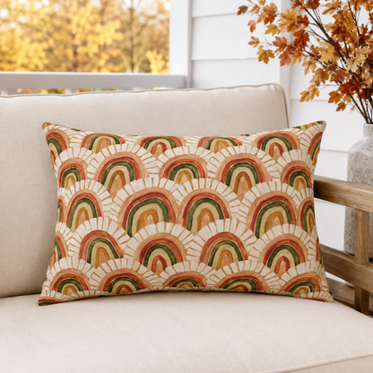 Retro terracotta, rust and olive arch pattern outdoor lumbar pillow