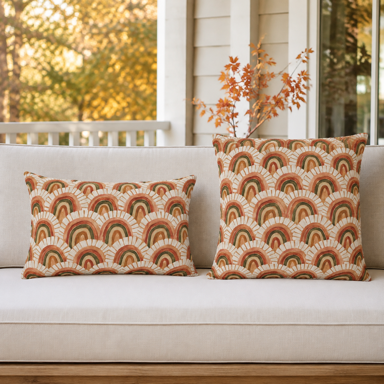 Retro terracotta, rust and olive arch pattern outdoor lumbar pillow
