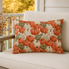 Orange, cream and green pumpkins and gourds on sand outdoor lumbar pillow