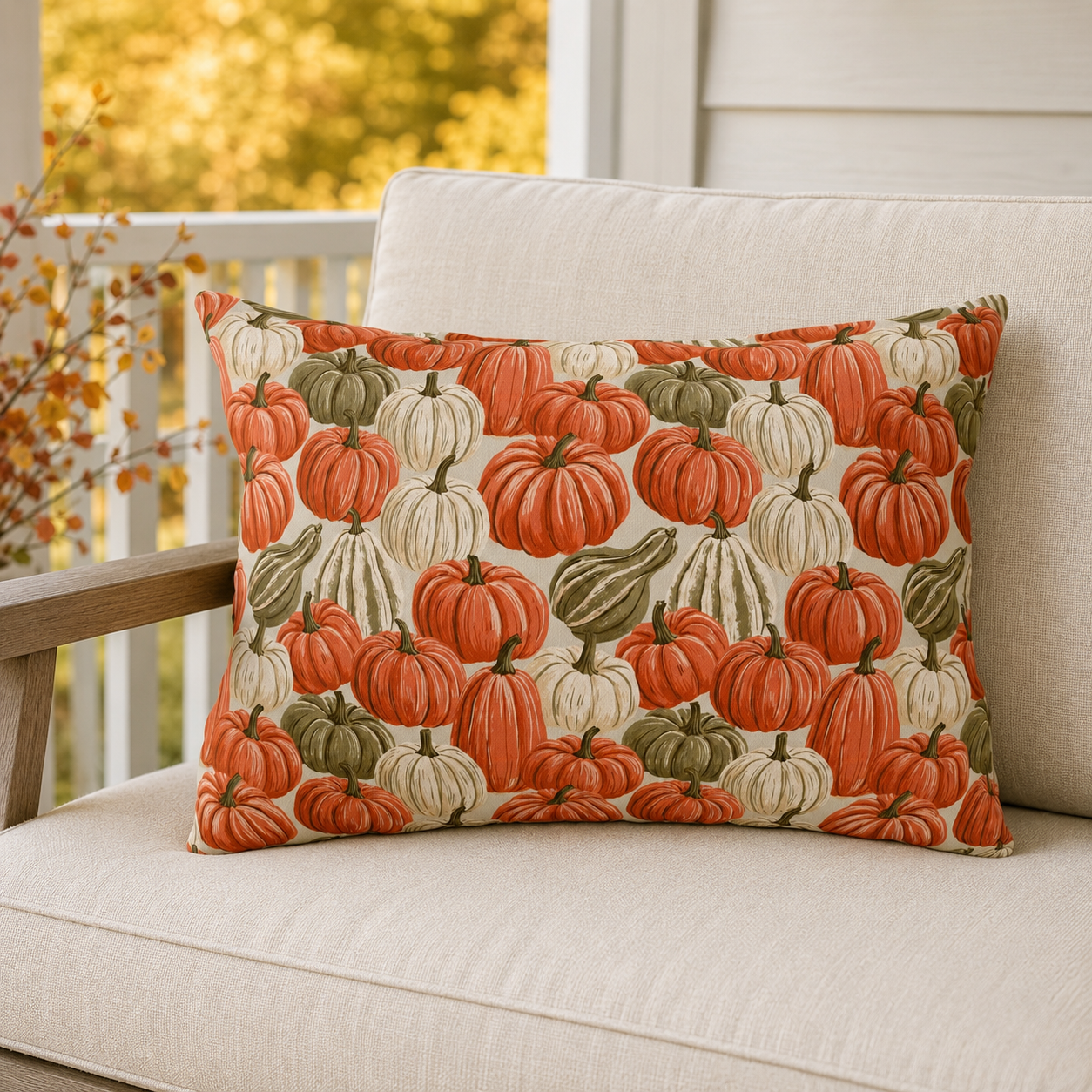 Orange, cream and green pumpkins and gourds on sand outdoor lumbar pillow