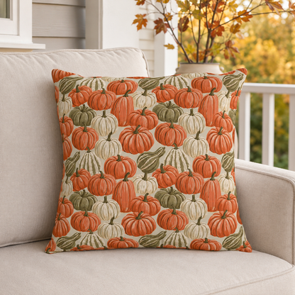 Orange, cream and green pumpkins and gourds on sand outdoor pillow