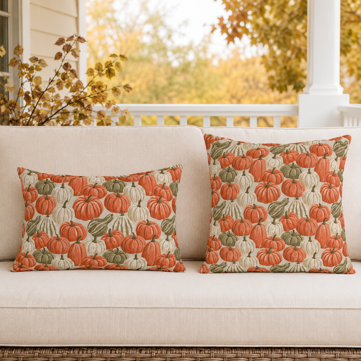 Orange, cream and green pumpkins and gourds on sand outdoor lumbar pillow