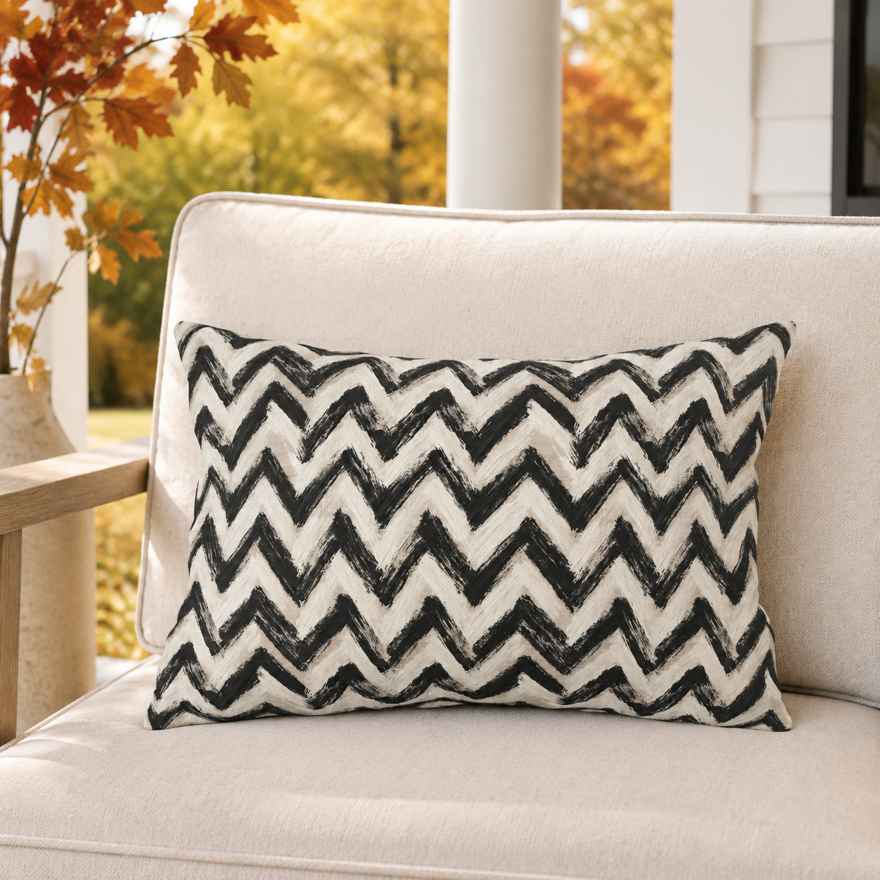 Hand-painted black chevron zigzag on oatmeal outdoor lumbar pillow